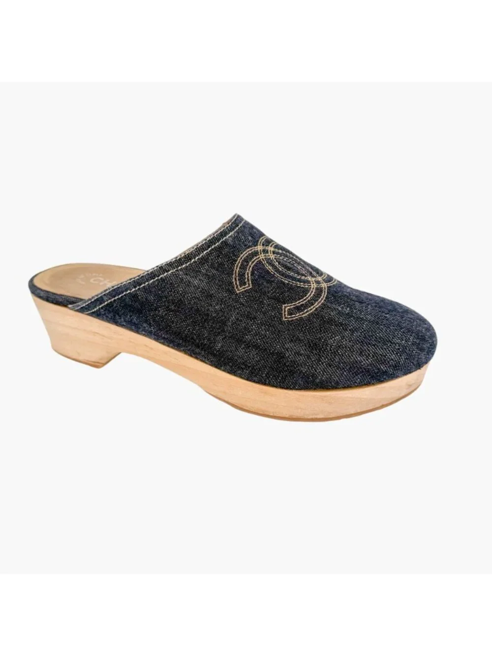 Chanel Denim CC Clogs Navy Blue Platform Mules Wooden Size 41 US 10-10.5 Women’s